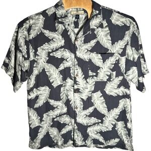 Tommy Bahama Button Up Shirt Mens L Grey Silk Palm Leaf Tropical Herringbone